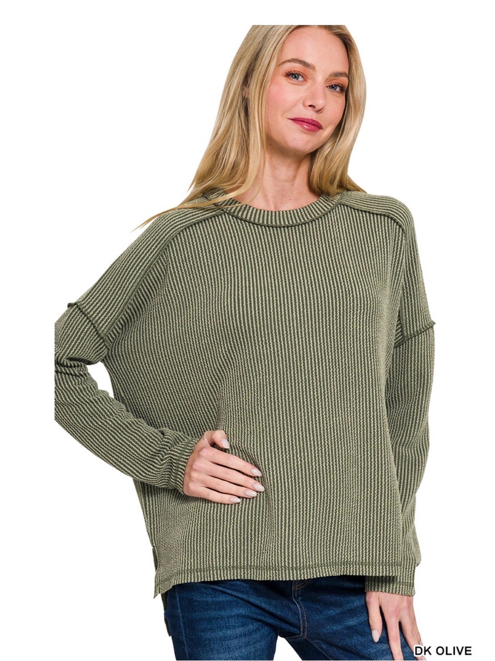 Zenana Dark Olive Ribbed Long Sleeve Shirt